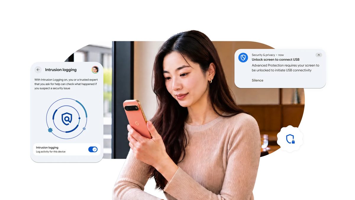 Mulher olha para um celular Pixel, com cartões do Android ao lado: o do Registro de Intrusões ligado e o aviso para desbloquear a tela e conectar o USB