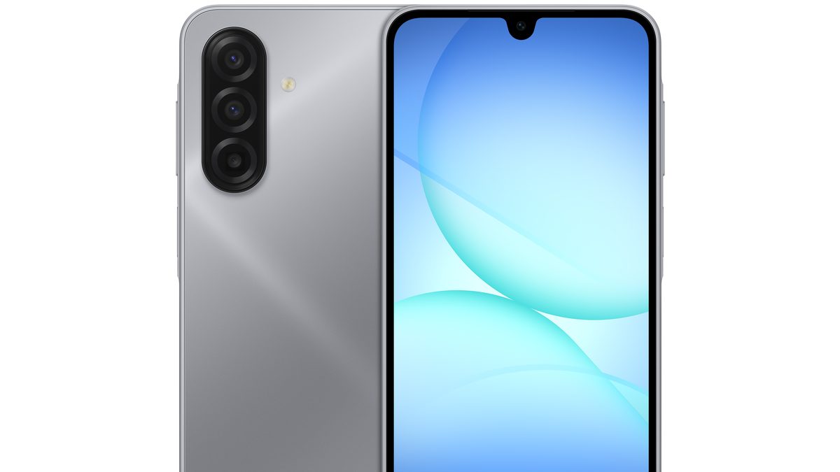 Galaxy A17 na cor cinza, de frente e de costas, em imagem de divulgação da Samsung