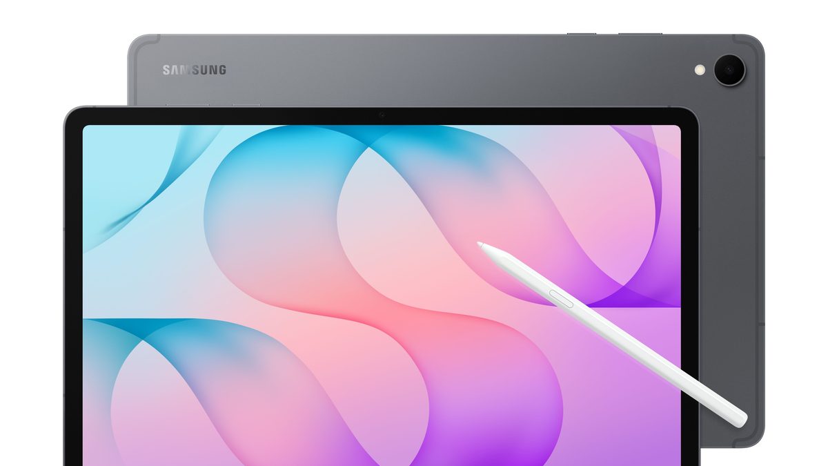 Galaxy Tab S12+ cinza, de frente e de trás, com a S Pen branca