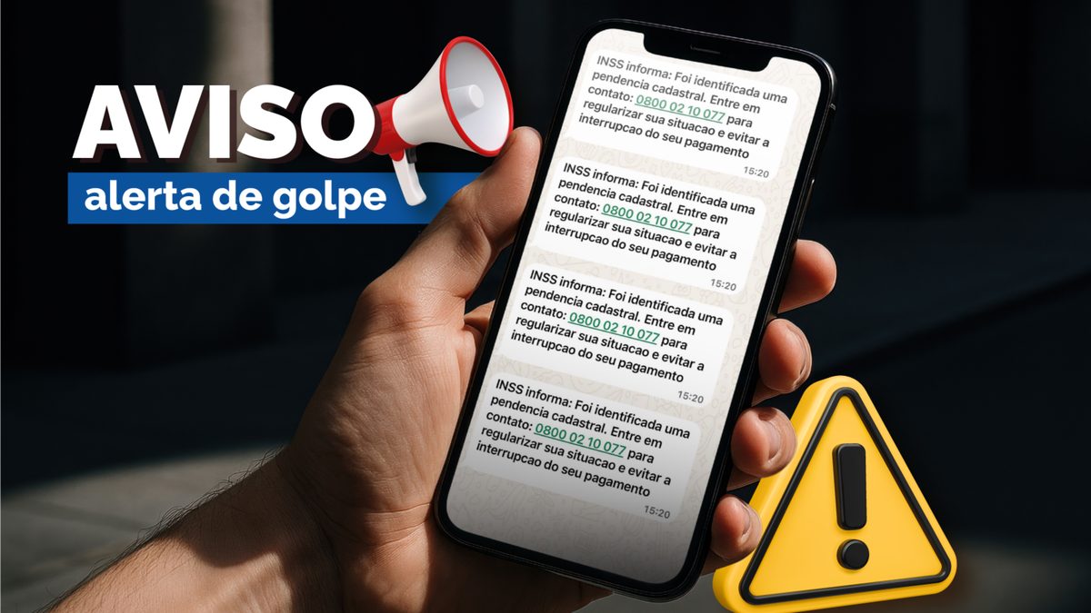 Arte do INSS com alerta de golpe mostra celular que recebe mensagens falsas em nome do instituto