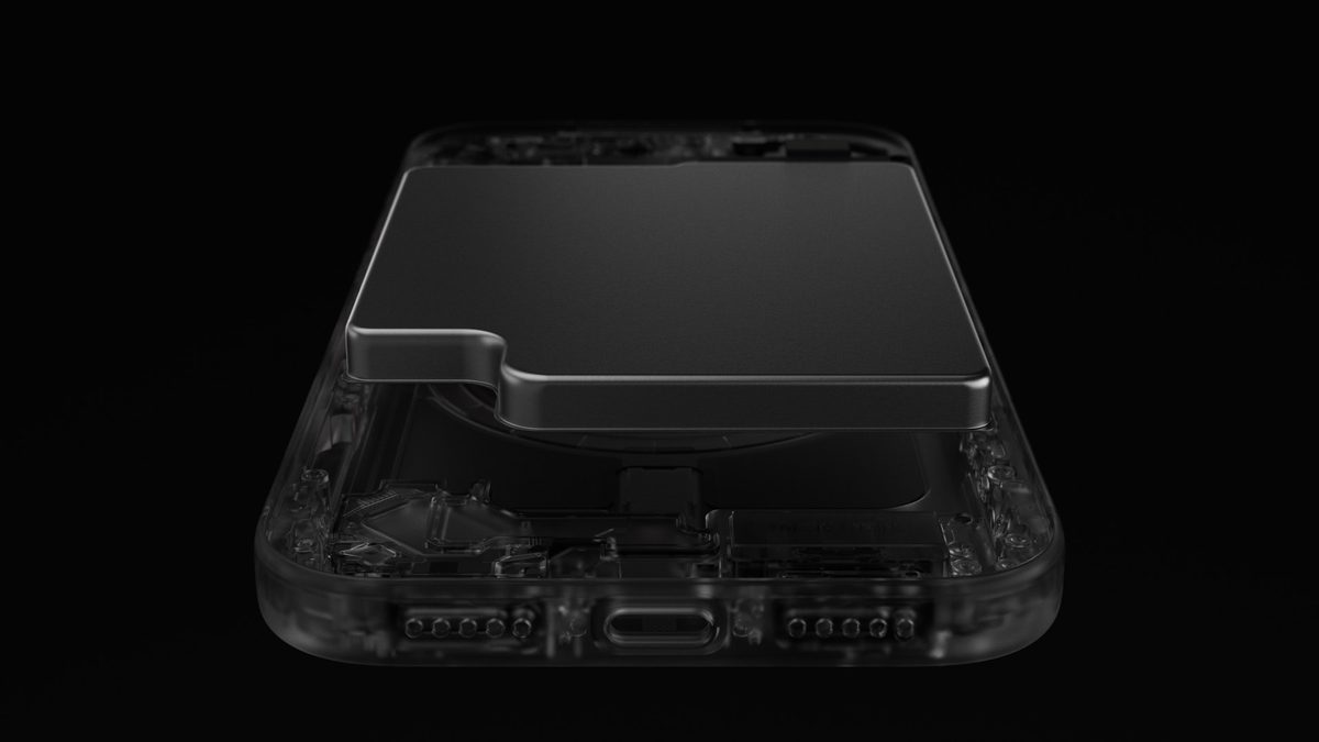 Interior transparente de um iPhone 18 Pro com a bateria em destaque sobre fundo preto, em imagem de divulgação da Apple