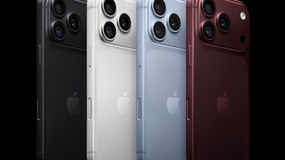 Quatro iPhone 18 Pro vistos por trás, nas cores preto, prateado, azul-claro e bordô, sobre fundo escuro