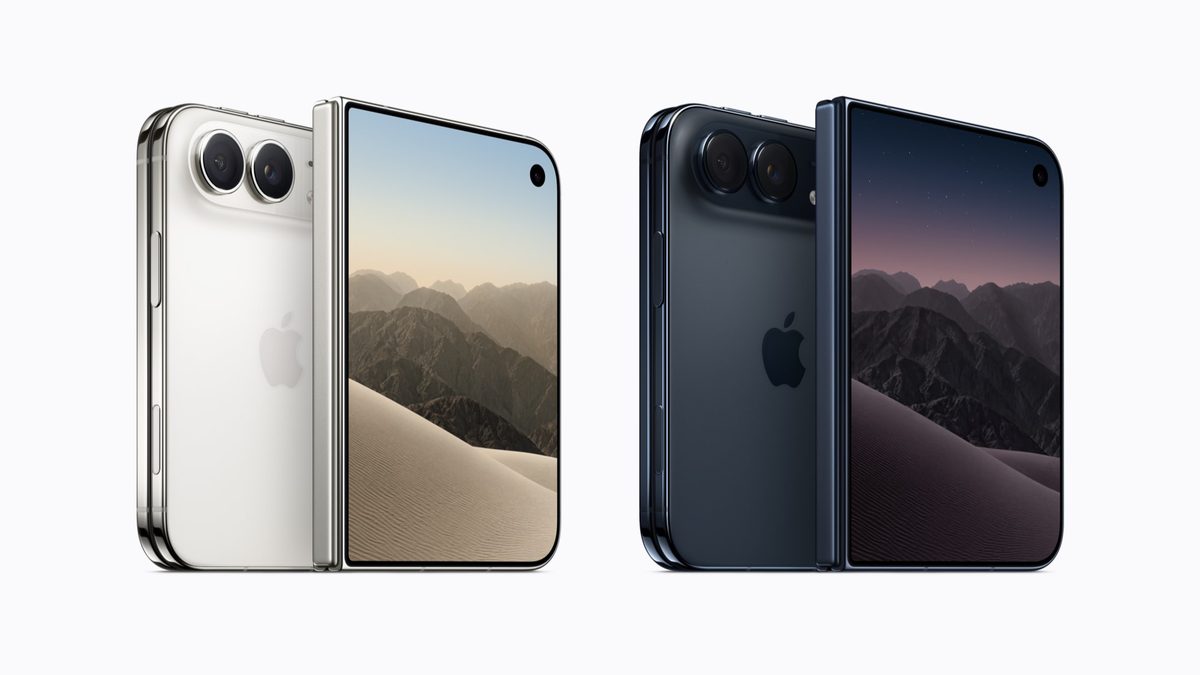 Dois iPhone Duo, nas cores branco-estrela e céu noturno, meio abertos, mostrando a traseira com câmera dupla e a tela interna