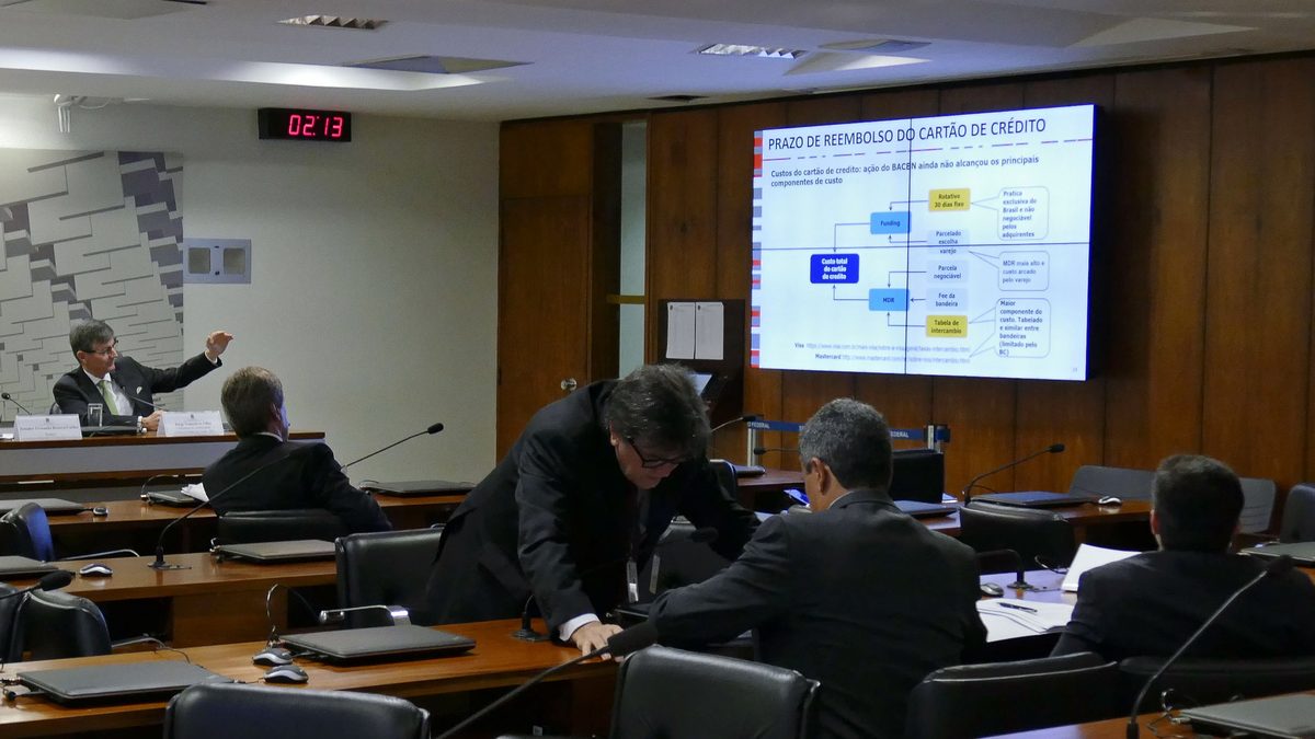 Sala de comissão do Senado durante audiência da CPI dos Cartões de Crédito, em maio de 2018, com participantes de costas e um telão com o slide sobre o prazo de reembolso do cartão de crédito