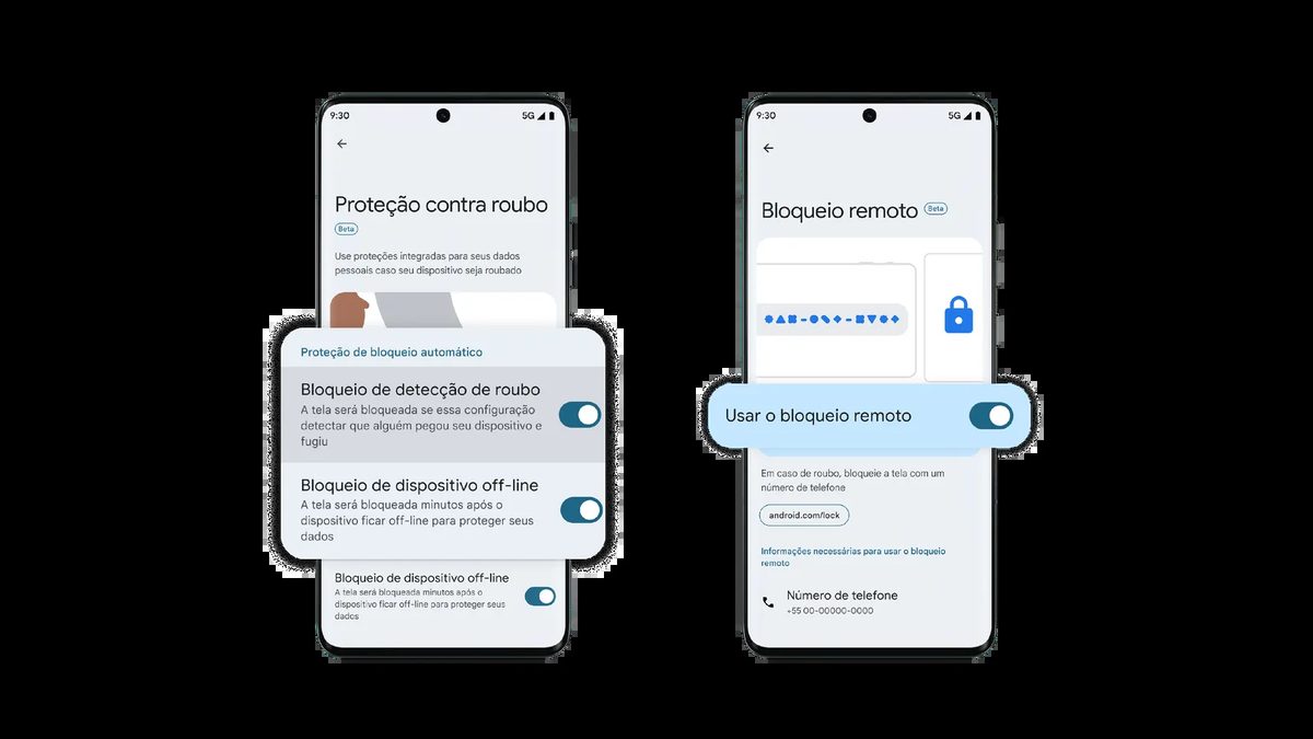 Duas telas de Android em português com as opções Proteção contra roubo e Bloqueio remoto ligadas