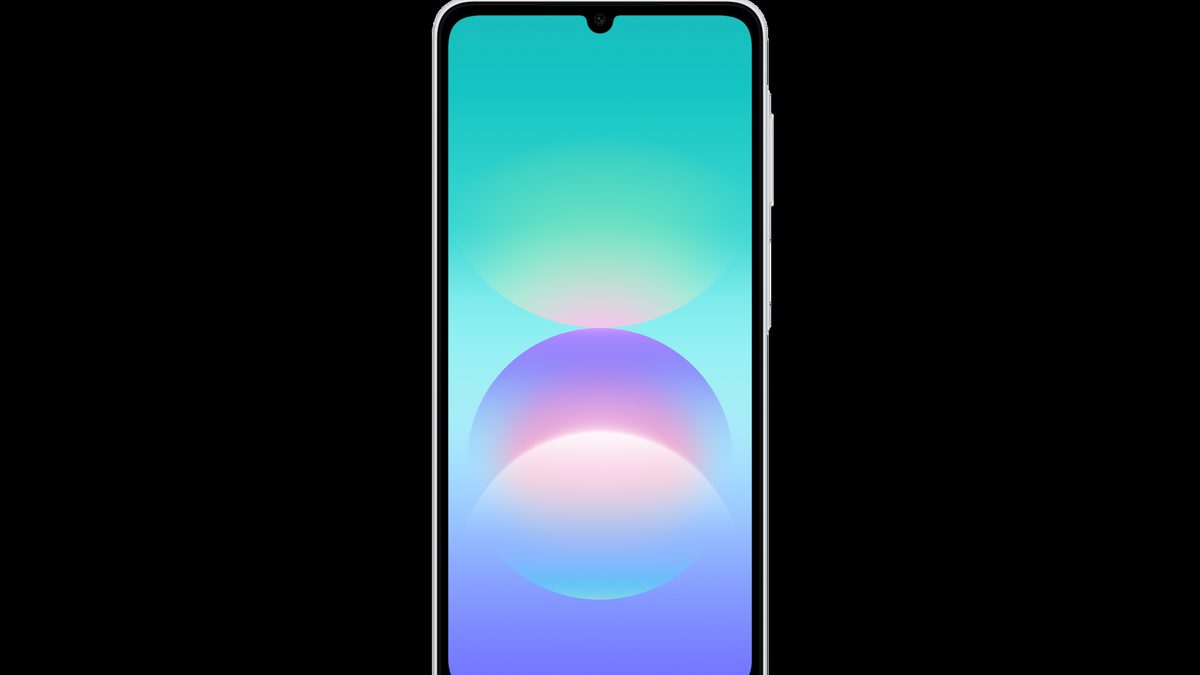 Galaxy A08 visto de frente, com tela de papel de parede em verde, azul e roxo