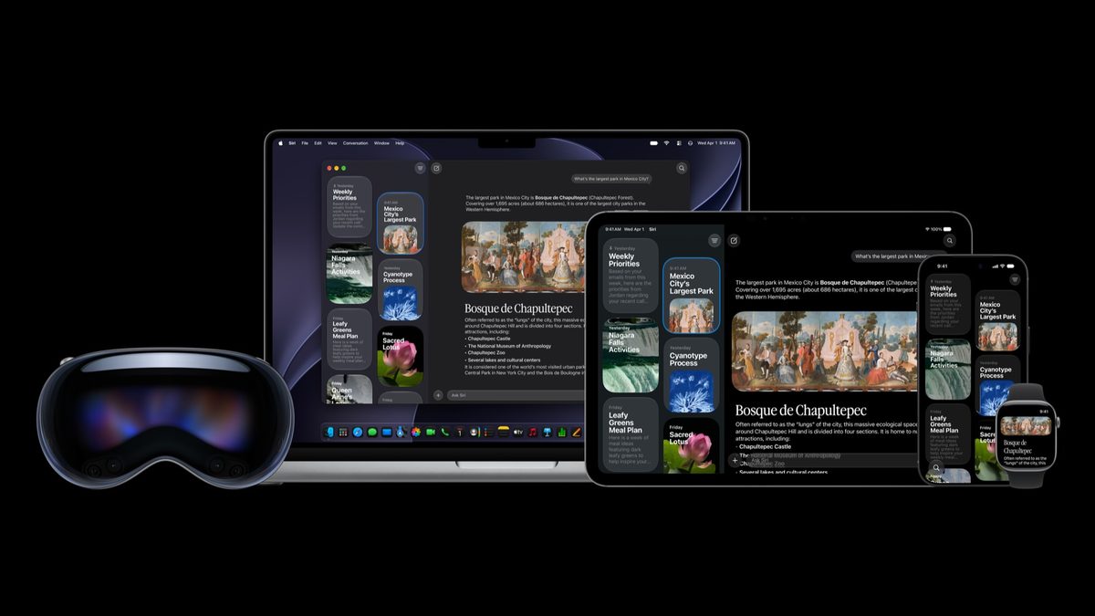 Imagem de divulgação da Apple com o app da Siri aberto em um Mac, um iPad, um iPhone, um Apple Watch e um Apple Vision Pro