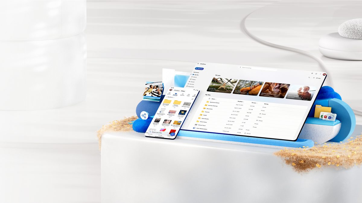 Ilustração oficial do OneDrive com o app aberto num celular e a versão para computador, com pastas e fotos organizadas