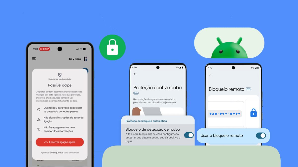 Telas de celular Android com a Proteção contra roubo, o Bloqueio de detecção de roubo ligado e a opção Usar o bloqueio remoto