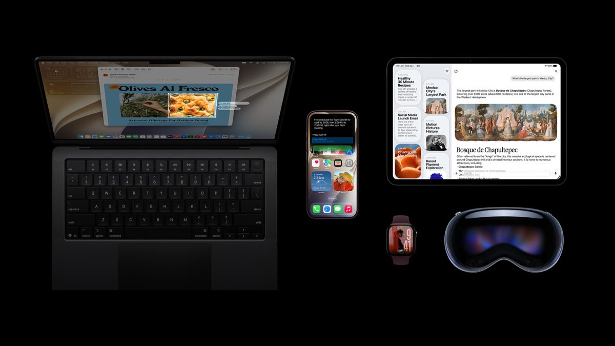 Imagem de divulgação da Apple com as novas versões de software em um MacBook, um iPhone, um iPad, um Apple Watch e um Apple Vision Pro