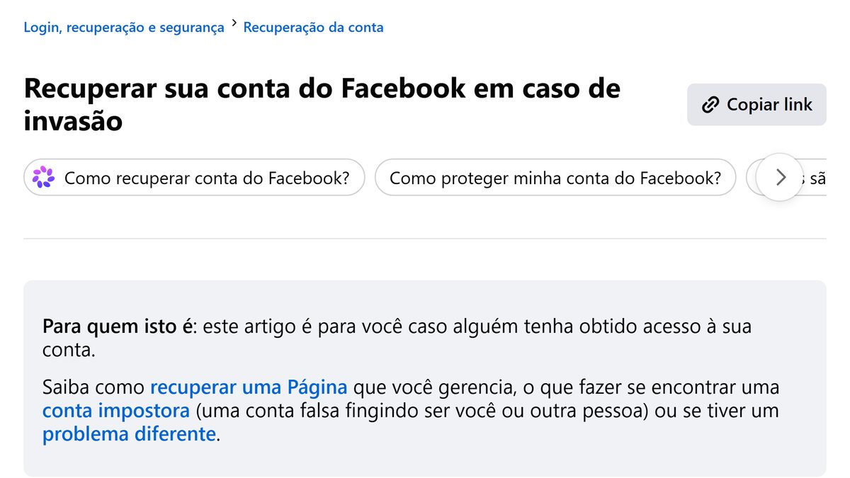 Página da Central de Ajuda do Facebook sobre como recuperar a conta em caso de invasão