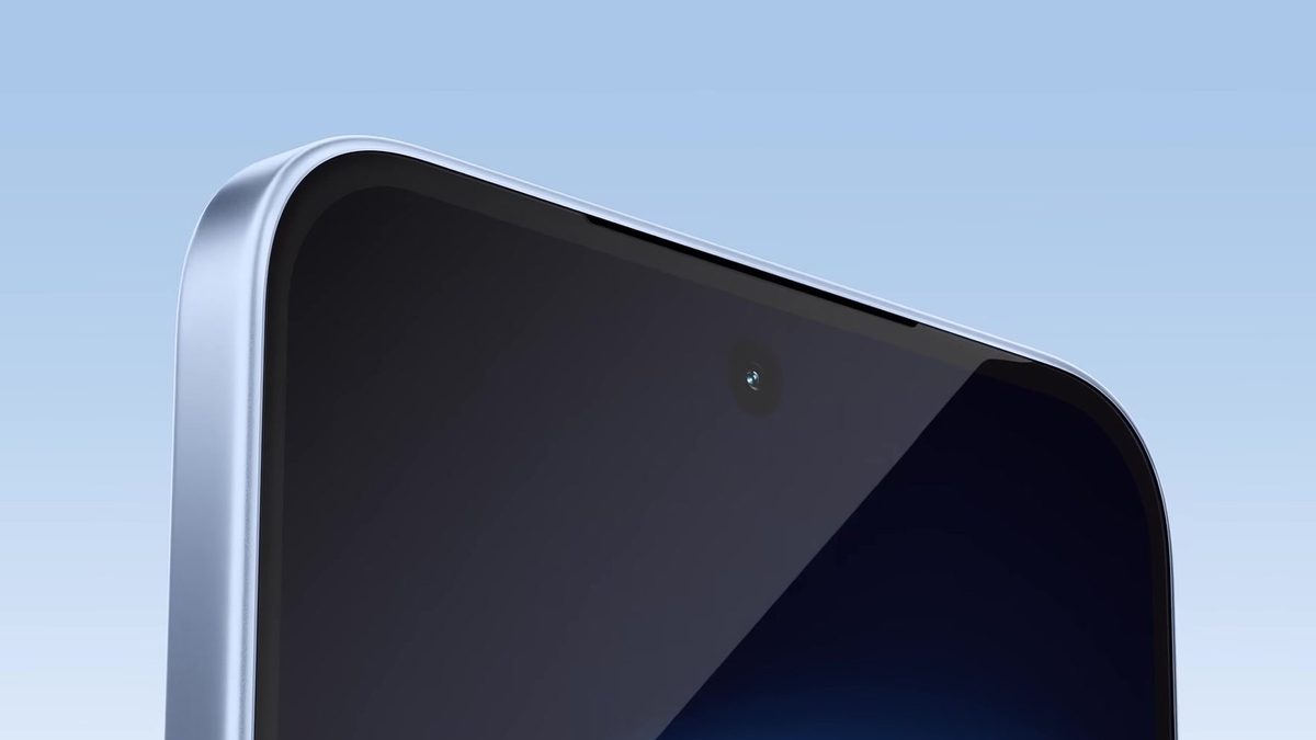 Canto superior de um Redmi Note 17 Pro 5G de moldura azul-clara, visto de frente, com a câmera frontal na tela escura