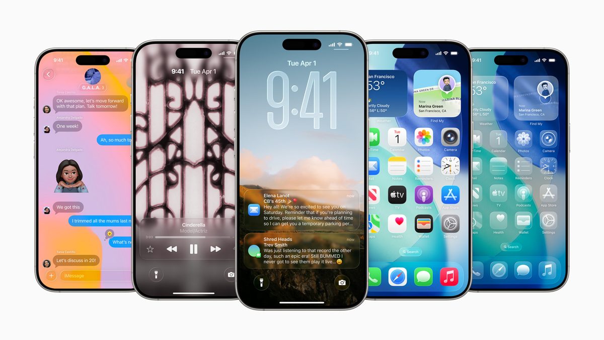 Cinco iPhones lado a lado mostram o visual do iOS 26, com controles e ícones translúcidos no estilo Liquid Glass