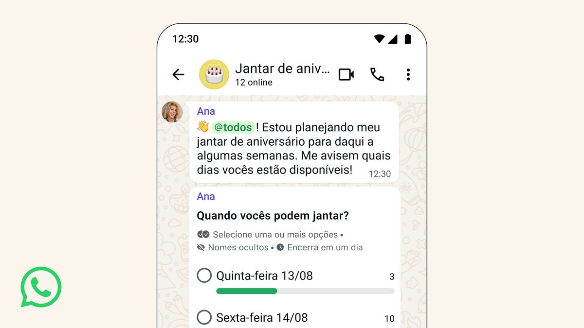 Tela de um grupo do WhatsApp em que uma mensagem usa o @todos e uma enquete mostra nomes ocultos e o aviso de que encerra em um dia