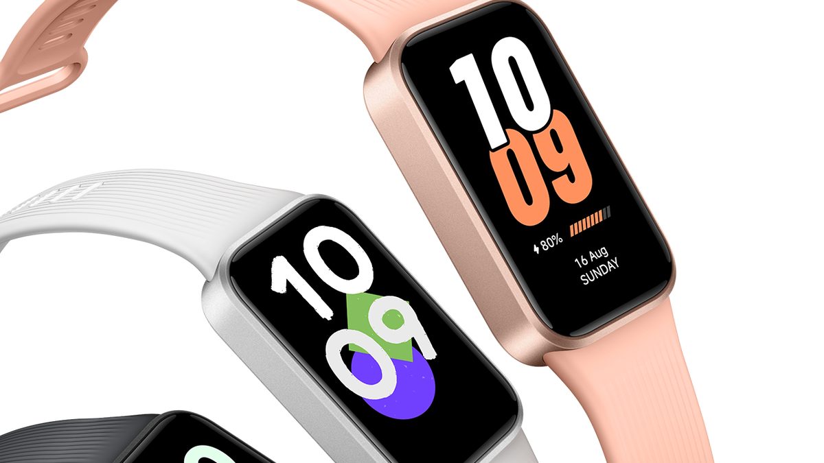 Três pulseiras Xiaomi Smart Band 11 Active, rosa, cinza-claro e preta, com a hora 10:09 na tela, sobre fundo branco